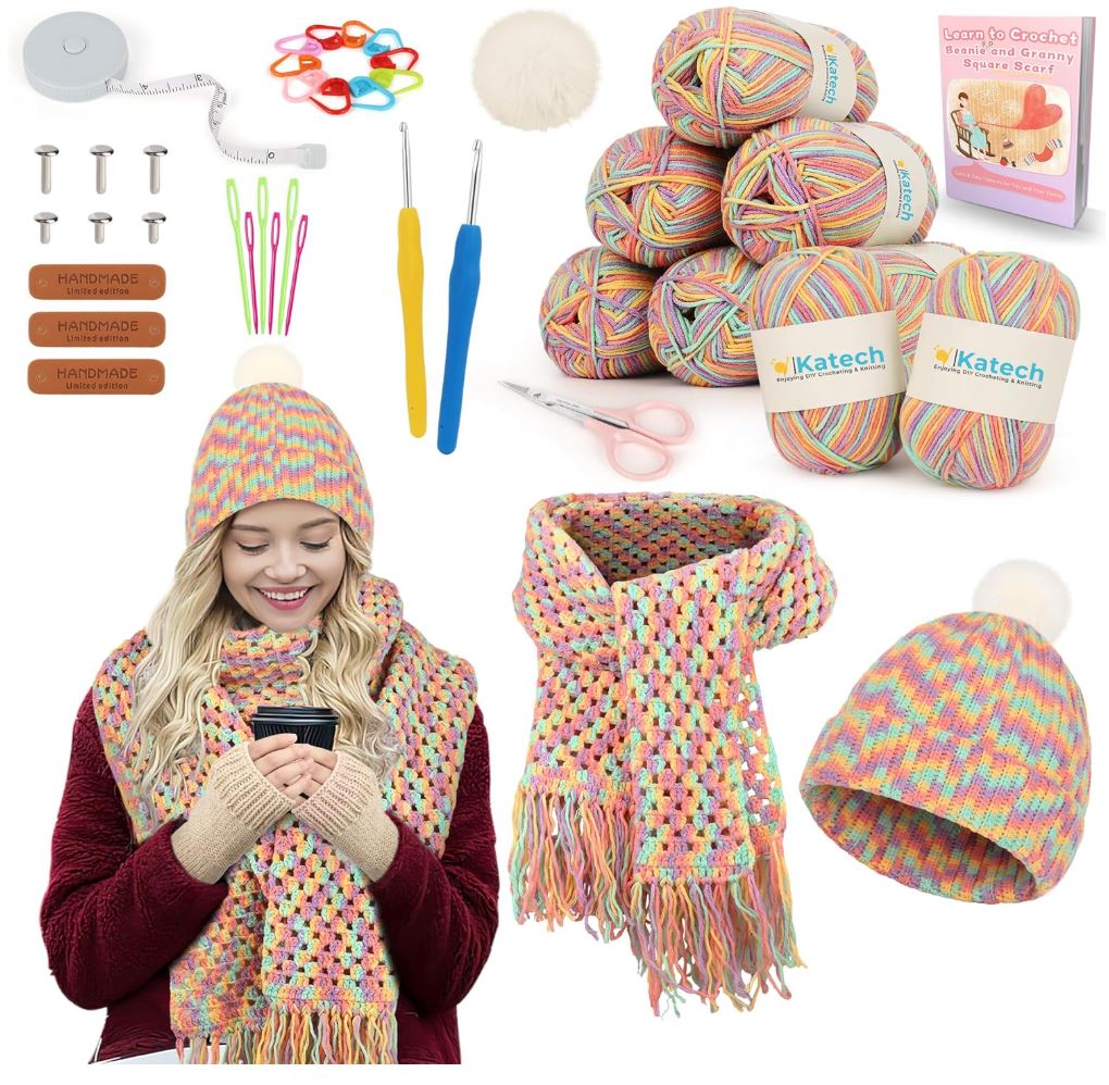 Crochet Granny Square Scarf Beanie Hat, Complete Set for Crocheting Scarf